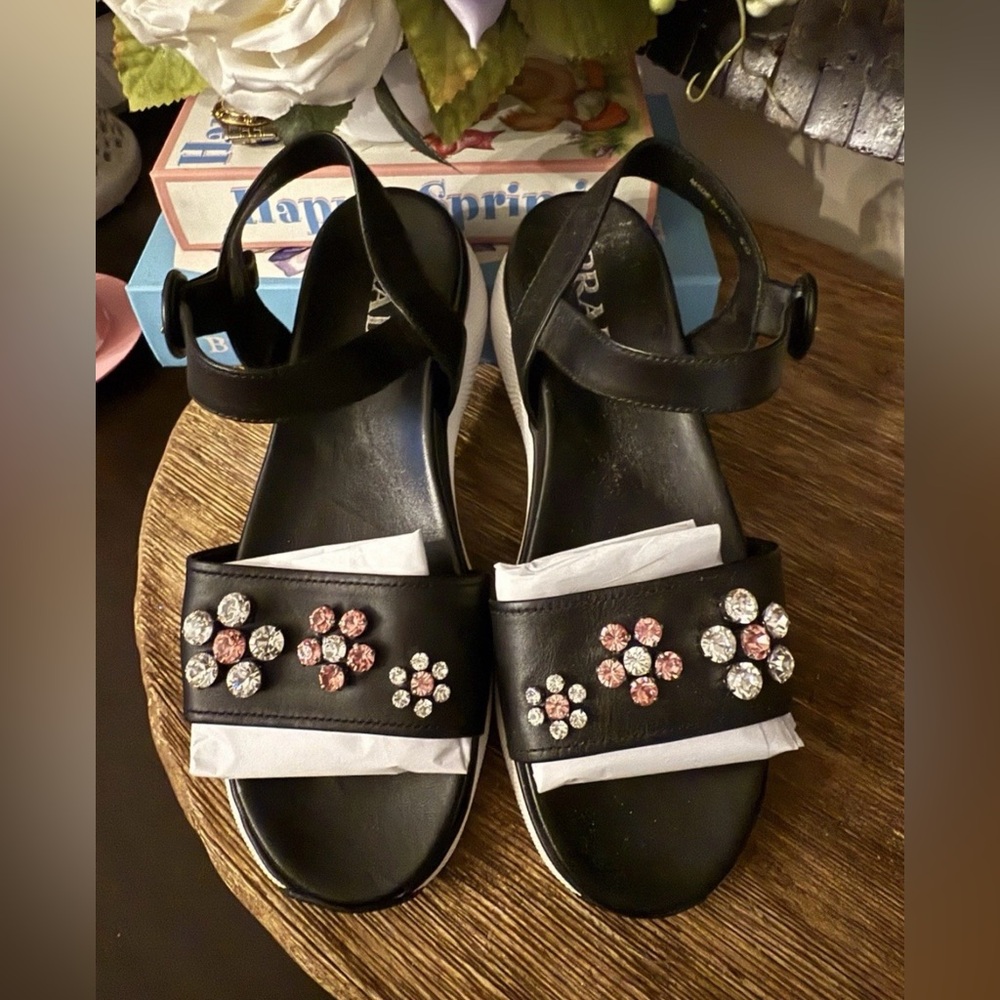 Prada Women’s Flower Rhinestone black sandals Size 39  Spring Used Once